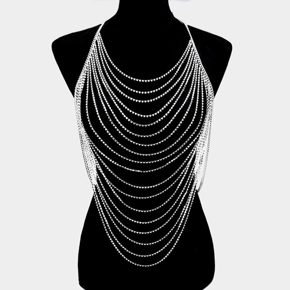Jewelry - Silver Draped Crystal Rhinestone Body Chain Statement Necklace